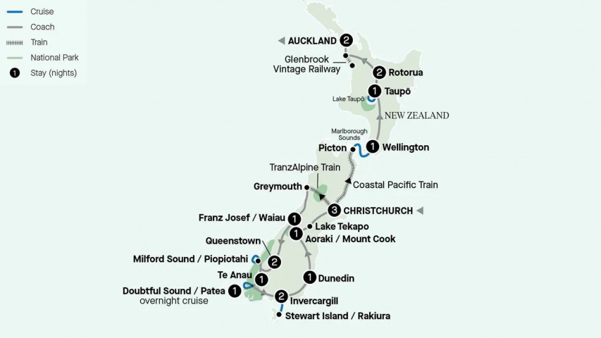 Map of New Zealand Rail and Cruise Discovery