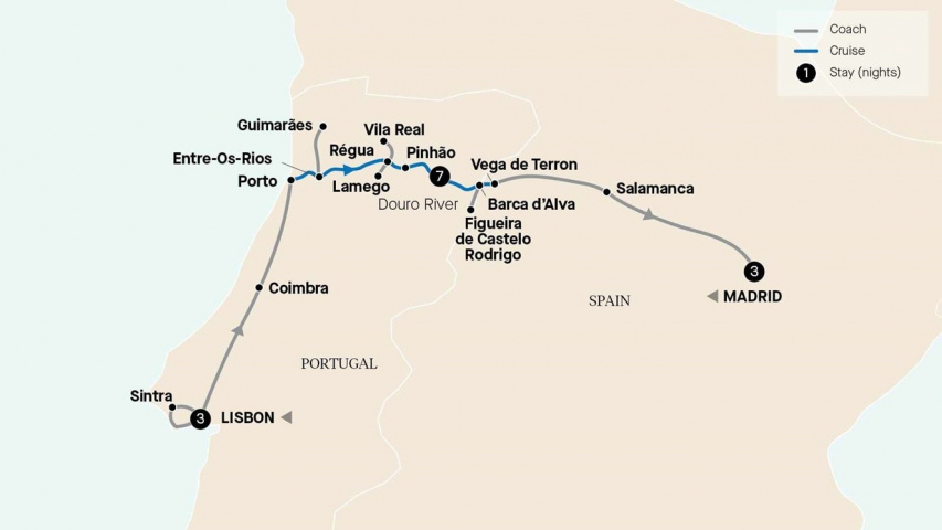 Map of Douro Delights Cruise with Lisbon & Madrid