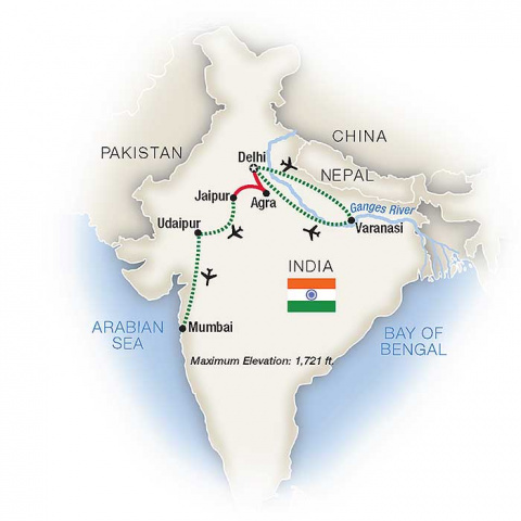 Map of India's Golden Triangle, Udaipur & Mumbai