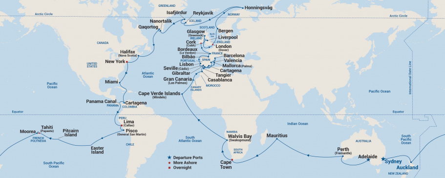 Map of World Cruise from Adelaide 2025