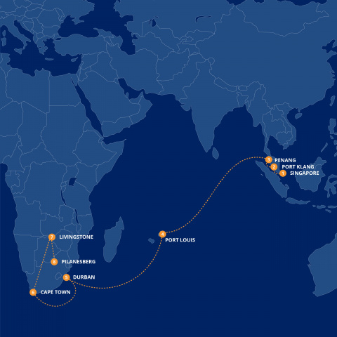 Map of Cunard Voyage, Victoria Falls & Safari Adventure