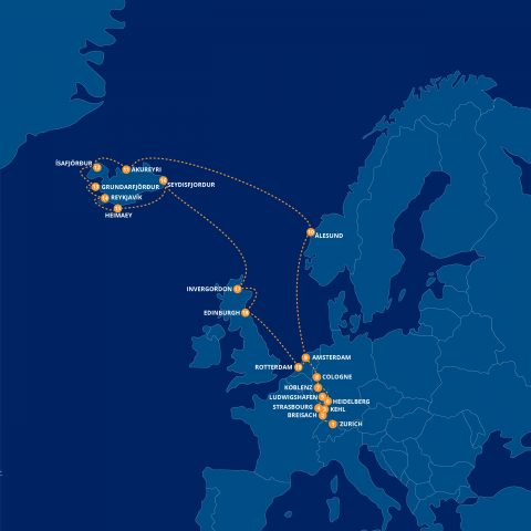 Map of Romantic Rhine River, Iceland & Norwegian Fjords