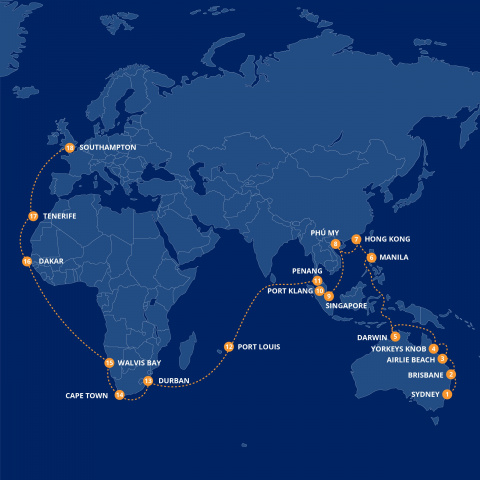 Map of Luxury Cunard Voyage from Sydney to Southampton