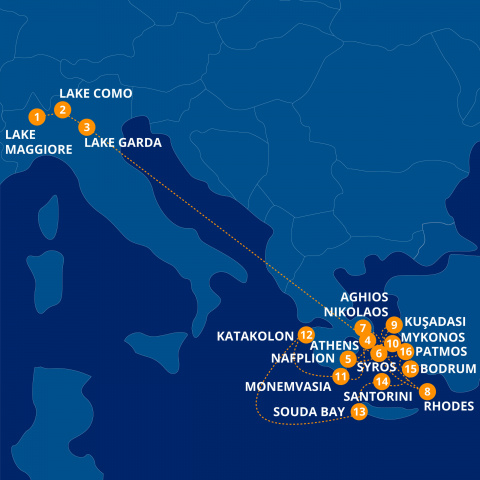 Map of Mediterranean Voyage & Trio of Italian Lakes