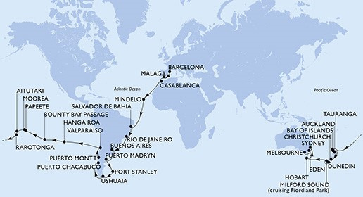 Map of World Cruise from Barcelona