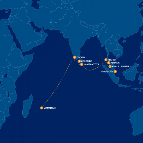 Map of Azamara Voyage with Mauritius & Singapore Escapes