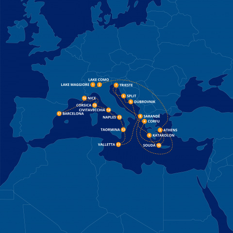 Map of Luxury Med Cruise, Italian Lakes & Swiss Rail