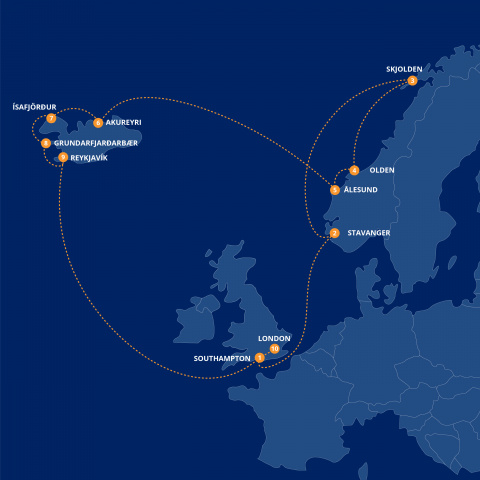 Map of Iceland & Norway Cruise with London stay