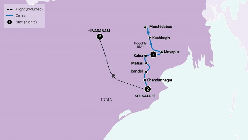 Map of Kolkata, Varanasi & Lower Ganges Cruise